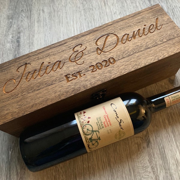 Engraved Dark Walnut Stain Rustic Wood Wine Box - Custom Wine Box - Personalized Wood Wine Box - Wine Storage - Dark Walnut Stain Wine Box