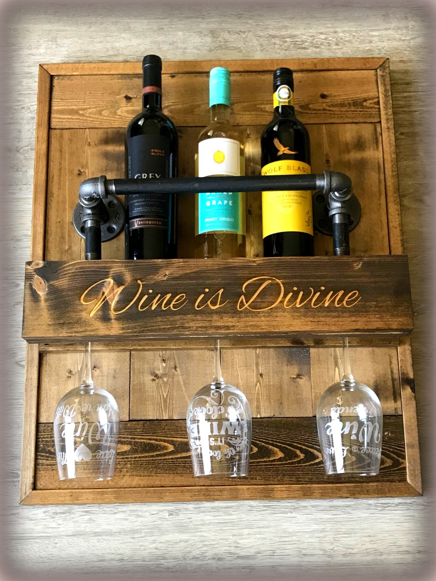 Laser Engraved Wood Wine Rack Custom Industrial Wine Rack Etsy
