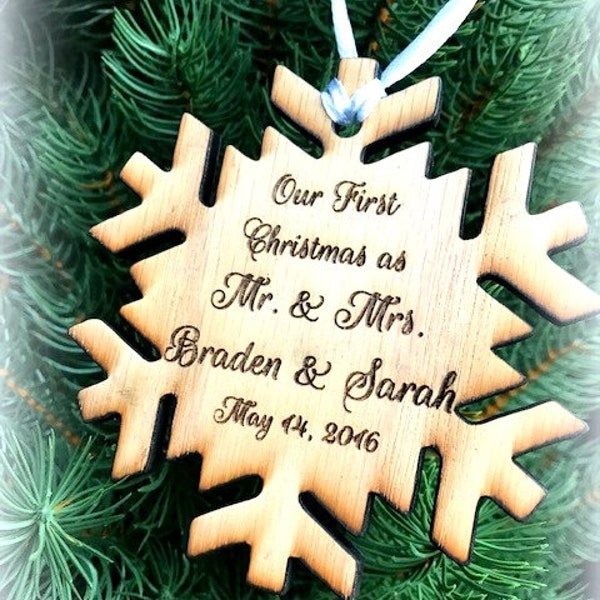 Mr. & Mrs. Our First Wedding Snowflake Wood Ornament Wedding Custom Personalized 4" x 4"