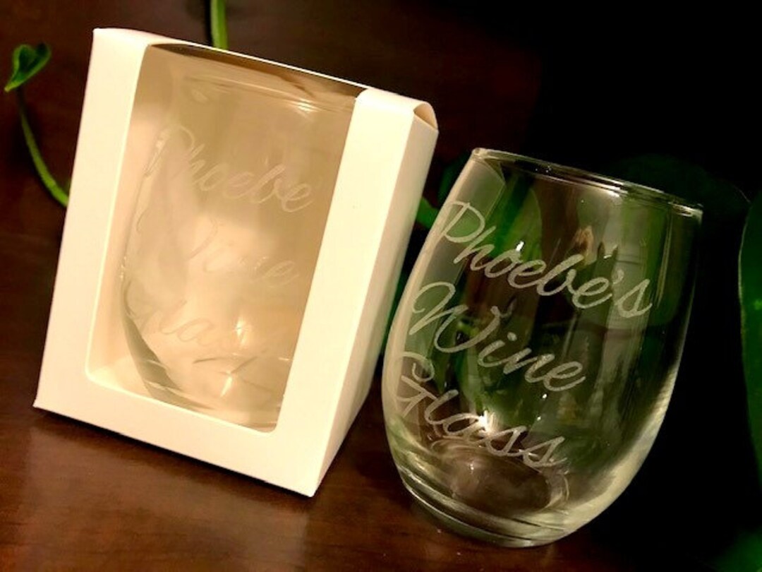 Personalized Stemless Wine Glass Set with Wine Gift Box - 9pc Two Lines of Text Wine Lover Gift - Home Wet Bar