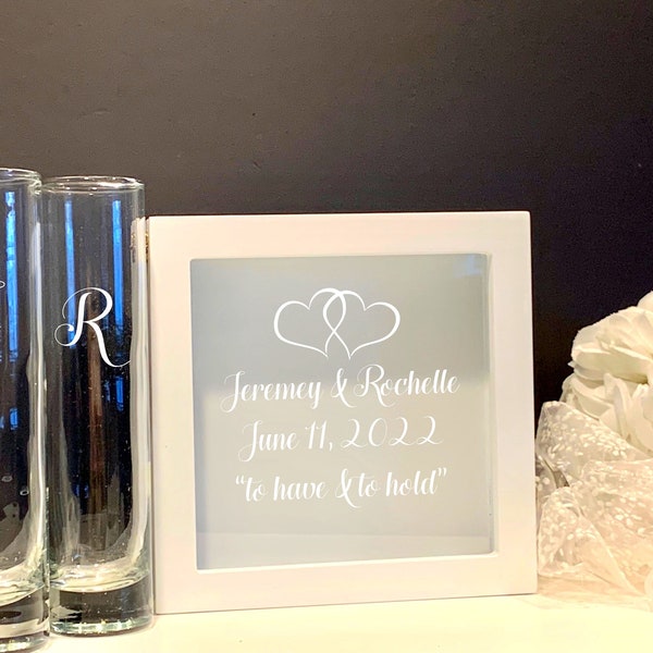 Personalized Small Unity Sand Ceremony White Frame Set - Custom Unity Picture Frame - Etched Unity Sand Frame Set - Complete with Two Sand