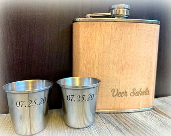 Custom Engraved Wood Flask and Stainless Steel Shot Glass Set - Personalized Oak Wrapped 6 oz Stainless Steel Liquor Flask and Shot Glasses