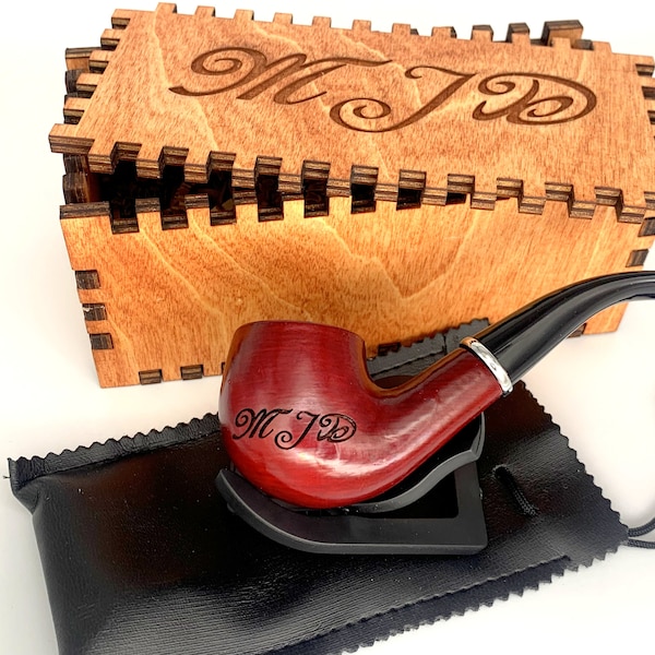 Personalized Red Smoking Pipe Set - Engraved Wood Pipe Set - Custom Black Wood Tobacco Pipe -  Side Engraved  With Engraved Wood Box