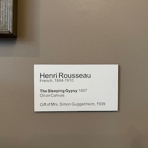 May include: A white label with black text describing the painting "The Sleeping Gypsy" by Henri Rousseau. The label includes the artist's name, nationality, dates, the painting's title, medium, and the year it was gifted to the museum.