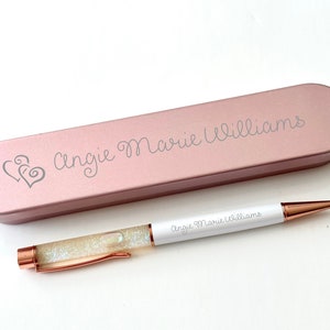 Ensemble de stylos à paillettes personnalisés blanc et or rose - Ensemble de stylos à paillettes gravés au laser - Stylo personnalisé et boîte-cadeau en métal personnalisée - Quantité de 1