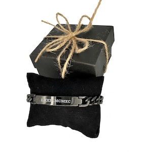 Custom Engraved Men&#39;s Black ID Bracelet: Stainless Steel Curb Chain, Gift Boxed