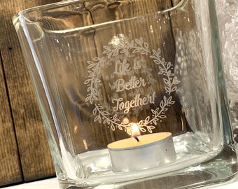 Personalised Candle Holder - Custom Candle Holder -  Leaf Emblem - Large Square Clear Glass Candle Holder -  Custom Wedding Gift for Couple!