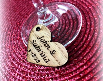 Custom Heart Wine Charms - Heart Shaped Wood Engraved Wine Charms - Personalized Heart Wine Charms - Each - Qty of 10