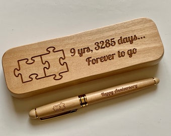 Natural Willow Wood Pen - Puzzle Piece Engraved Wood Pen - 9 Year Anniversary Puzzle Piece Pen Set
