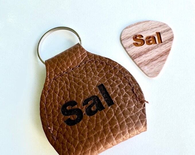 Custom Guitar Pick Holder and Guitar Pick - Personalized Brown or Black Leather Guitar Pick Holder with Key Ring & 1 Pick Included