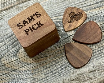 Personalized Walnut Guitar Pick Holder with 3 Walnut Picks - Custom Solid Walnut Wood Guitar Picks & 3 Picks - Custom Engraved - Set of 4