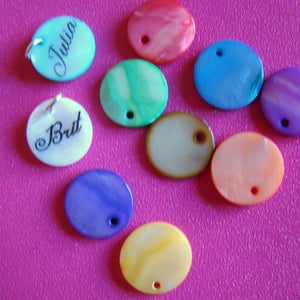Personalized Mother of Pearl Charm: Engraved Name Pendant, 15mm Round Bead