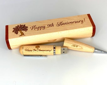 Engraved Willow Wood Tree Pen and 32gb USB Set - Custom Willow Wood Pen and USB with Storage Gift Box - 9 Year Anniversary Gift