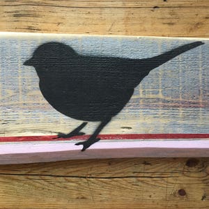 Black Bird with Pink Stripes on Old Wood Sign image 3