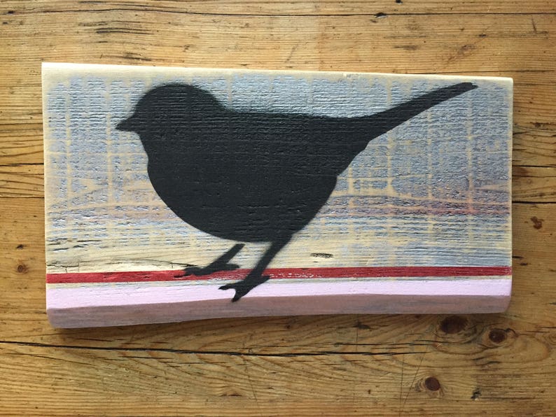 Black Bird with Pink Stripes on Old Wood Sign image 3