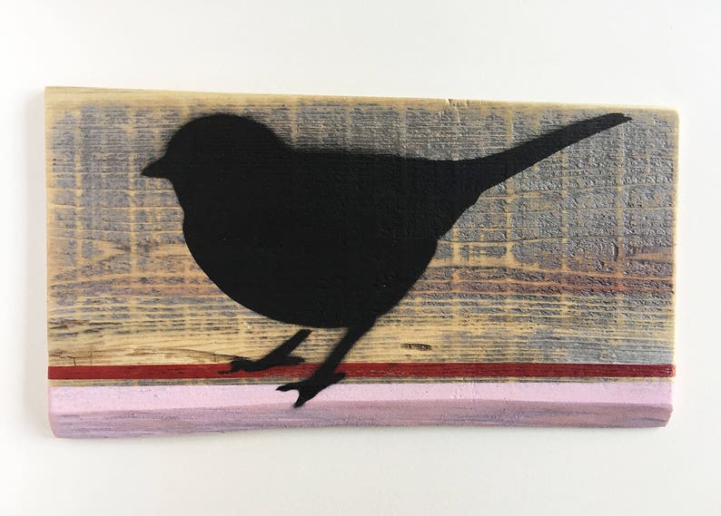 Black Bird with Pink Stripes on Old Wood Sign image 1