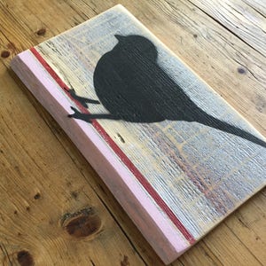 Black Bird with Pink Stripes on Old Wood Sign image 2