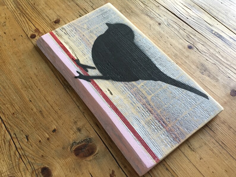 Black Bird with Pink Stripes on Old Wood Sign image 2
