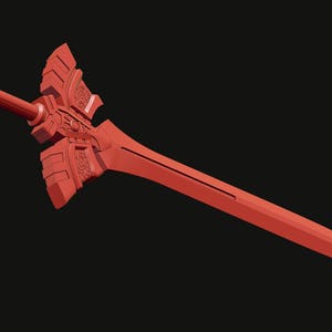 May include: A red sword with an ornate hilt and a long, pointed blade. The sword has detailed carvings on the hilt and crossguard. The blade is straight and tapers to a sharp point. The sword is a solid color and appears to be made of metal.