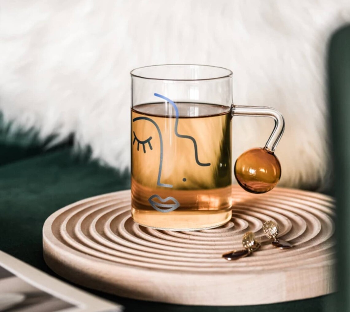 Blown Glass Cup Aesthetics Cup Face Outline Glassware Wave Etsy