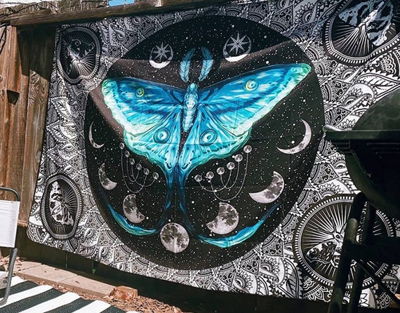 Moth Tapestry Lunar Phase Tapestry Mushroom Magic Tapestry