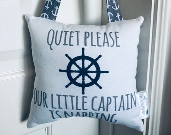 Nautical Nursery Decor Pillow – Sleepy Baby Door Hanger, Captain Theme