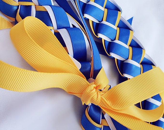 Dusty Royal Blue Satin, Light Gold & White 6-Strand Graduation Lei | Thick, High-Quality Ribbon | UCLA Graduation Lei