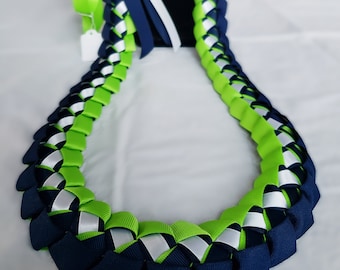 Apple, Navy & White Graduation Ribbon Lei | Green, Blue, White Lei | Thick, High-Quality Ribbon