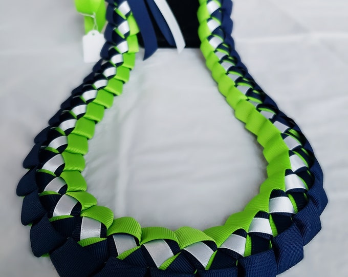 Apple, Navy & White Graduation Ribbon Lei | Green, Blue, White Lei | Thick, High-Quality Ribbon