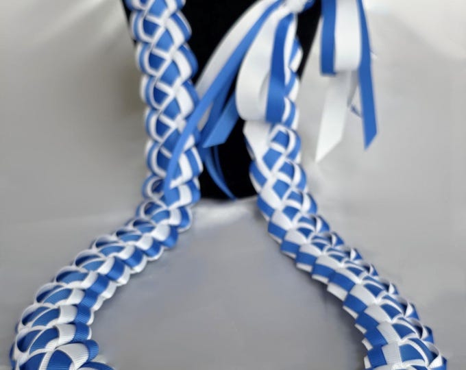Dusty Royal Blue & White 6-Strand Ribbon Lei | Graduation Gift | Handmade with Thick, Quality Ribbon | UCLA