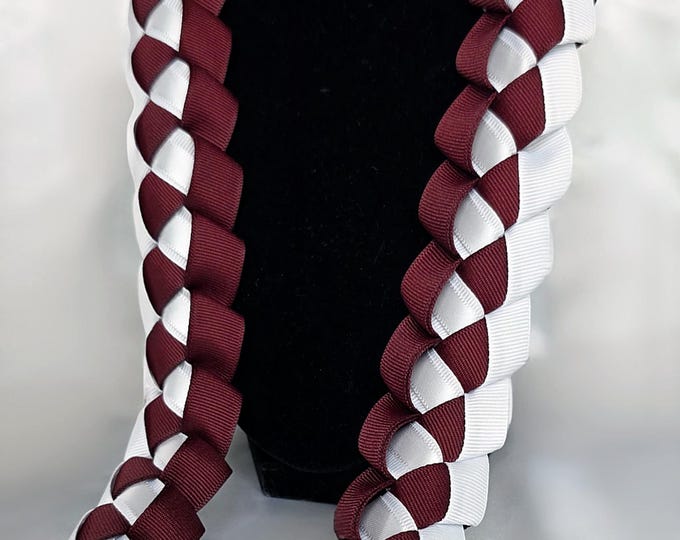 Dark Burgundy & White Open-Ended Ribbon Lei | Graduation Gift | Handmade with Thick, Quality Ribbon