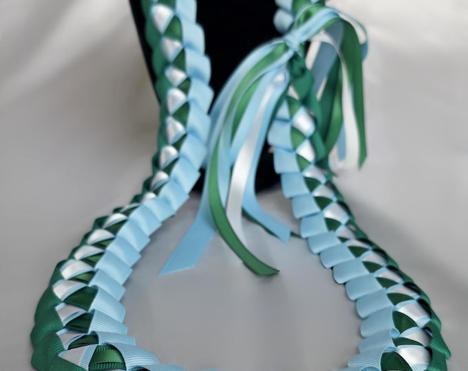 Light Blue, Forest & White Ribbon Lei | Graduation Gift | Handmade with Thick, Quality Ribbon