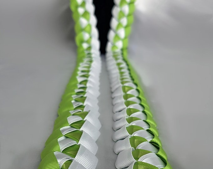 Apple Green & White Open-Ended Ribbon Lei | Graduation Gift | Handmade with Thick, Quality Ribbon