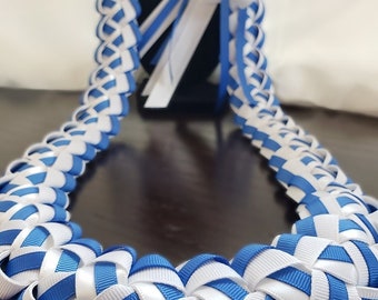 Dusty Royal Blue & White Graduation Lei  (GROSGRAIN RIBBON)  | Thick, High-Quality Ribbon