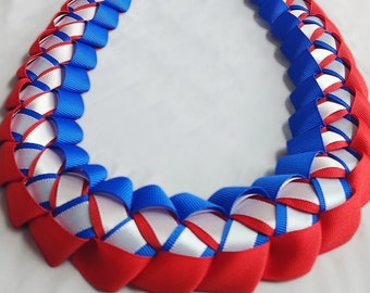 Royal Blue, Red & White Graduation Ribbon Lei | Thick, High-Quality Ribbon | 4th of July | Independence Day