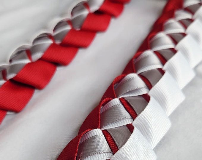 Red, White & Silver Open-Ended Ribbon Lei | Graduation Lei | Thick, High-Quality Ribbon