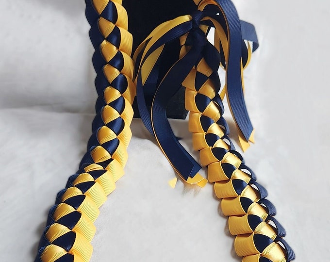 Navy & Light Gold Graduation Ribbon Lei | Thick, High-Quality Ribbon