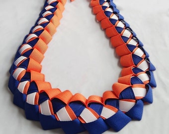 Royal Navy Blue, Orange & White Graduation Ribbon Lei | Thick, High-Quality Ribbon