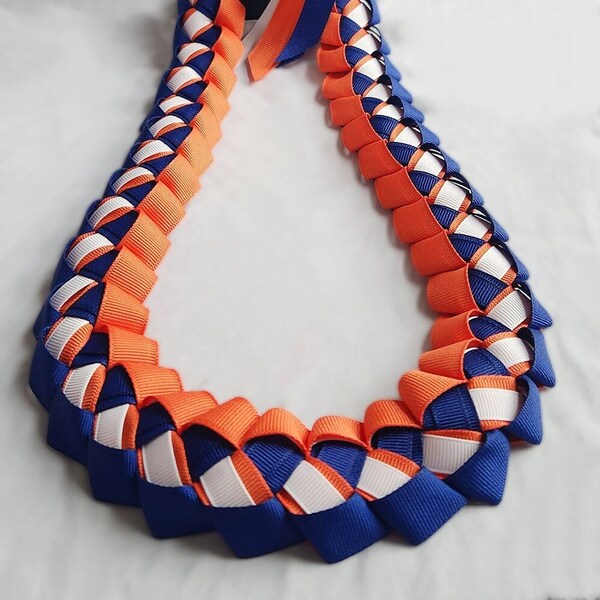 Royal Navy Blue, Orange & White Graduation Ribbon Lei | Thick, High-Quality Ribbon