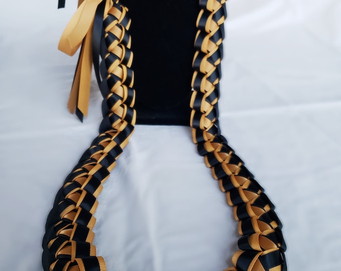 Black & Old Gold 5-Strand Graduation Ribbon Lei | Thick, High-Quality Ribbon