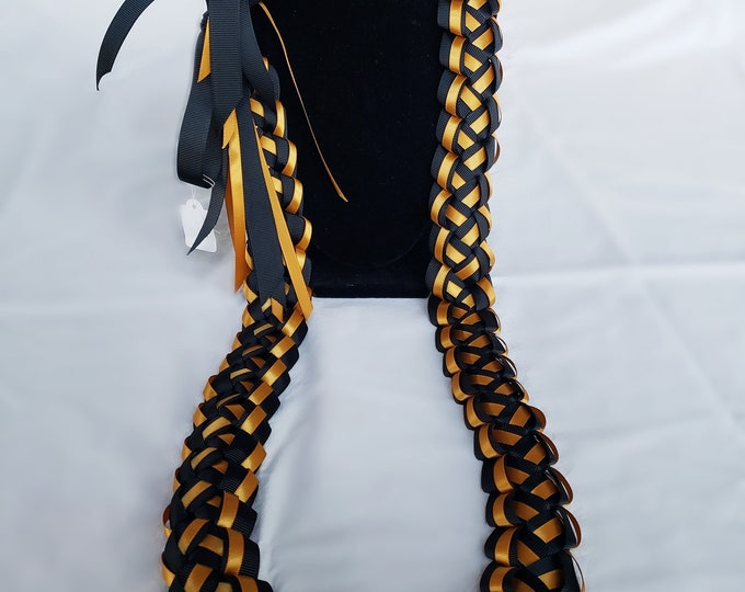 Black & Old Gold 6-Strand Graduation Ribbon Lei | Thick, High-Quality Ribbon