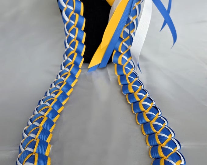Dusty Royal Blue, Light Gold & White 6-Strand Ribbon Lei | Graduation Gift | Handmade with Thick, Quality Ribbon | UCLA