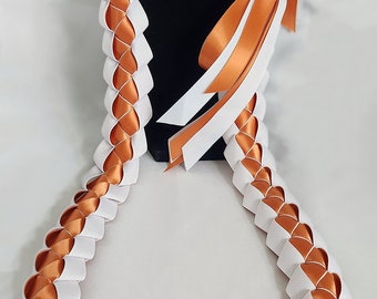 Burnt Orange & White Ribbon Lei | Graduation Gift | Handmade with Thick, Quality Ribbon