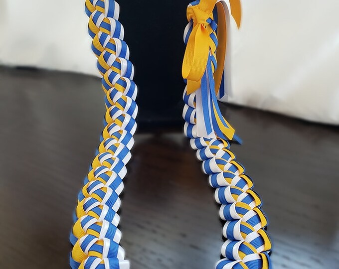 Dusty Royal Blue, Light Gold & White Graduation Lei (GROSGRAIN Ribbon) | Thick, High-Quality Ribbon
