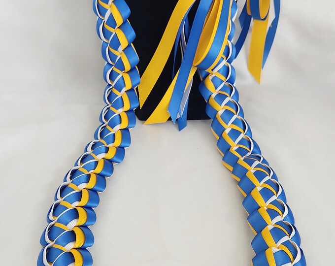 Dusty Royal Blue, Light Gold & White 6-Strand Graduation Lei | Thick, High-Quality Ribbon | UCLA | Limited Quantity