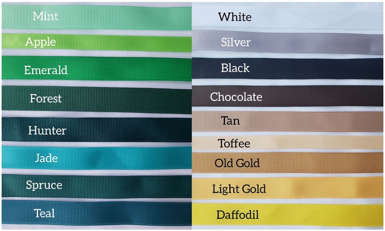 May include: A chart of ribbon colours with names for each colour. The colours are arranged in two columns. The left column includes the colours: Mint, Apple, Emerald, Forest, Hunter, Jade, Spruce, Teal. The right column includes the colours: White, Silver, Black, Chocolate, Tan, Toffee, Old Gold, Light Gold, Daffodil.