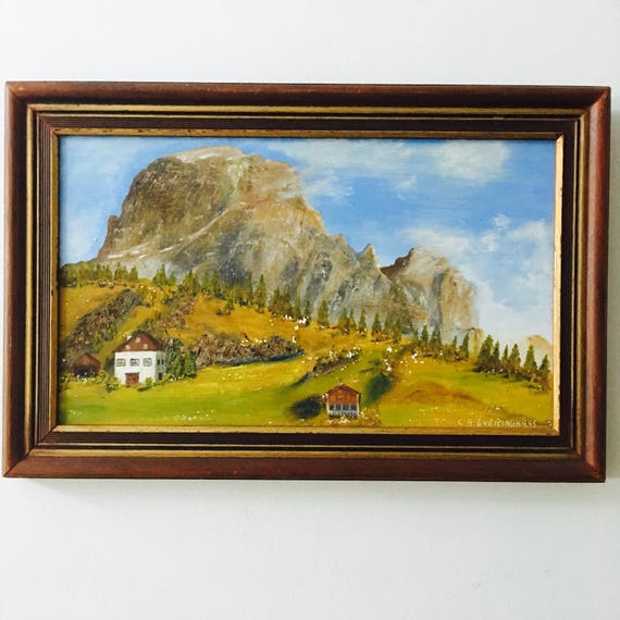 Vintage Original Painting Mountain Cabins Naive Etsy