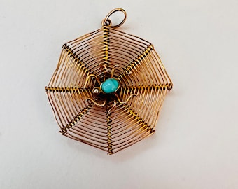 9ct Gold Victorian Natural Turquoise & Seed Pearl Spider wed large Pendant