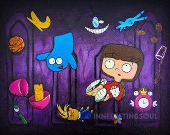 May include: A purple background with a variety of cartoon characters and objects, including a blue glove, a basketball, a wooden plank, a clock, a toy, a cup, and a girl with brown hair. The text "INNERESTINGSOUL" is visible in the bottom right corner.