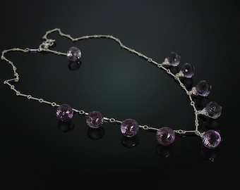 Pink Amethyst Briolette Necklace: Sterling Silver Chain, February Birthstone
